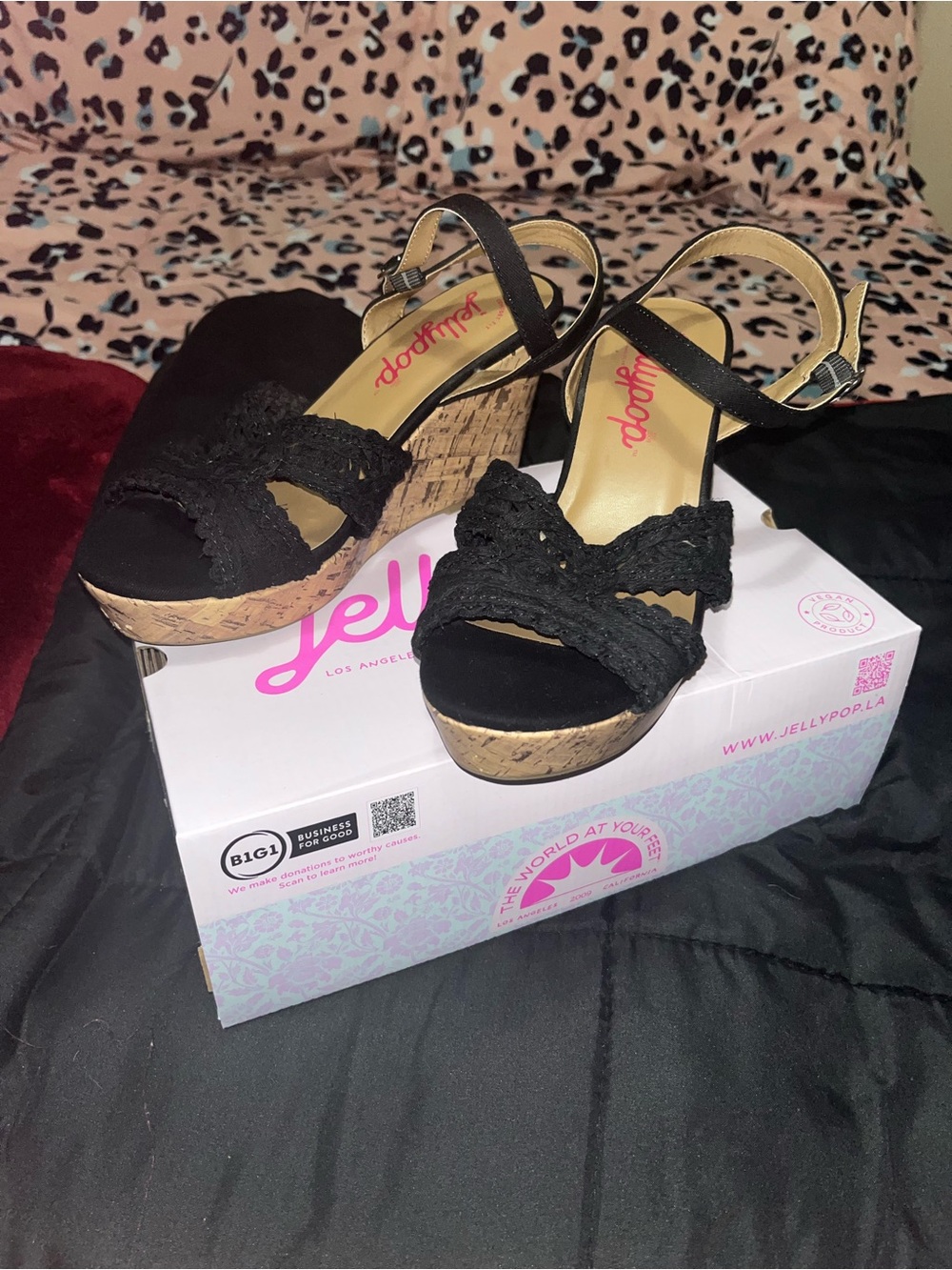 Jellypop Black Braided Cork Wedge Sandals